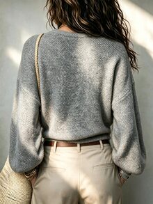 SHEIN 麻灰色米色前結針織上衣，寬鬆氣球袖短版毛衣，柔軟休閒 V 領針織衫 - 灰色 - 查看 2