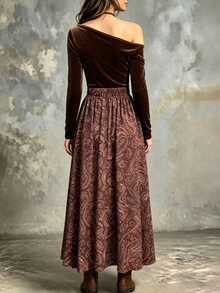LUMIGAL Women's Elegant Printed Velvet Asymmetrical Shoulder Set - Brown - View 2