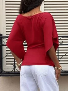 Siren Gaze 女款優雅秋季垂領短袖T恤，修身抓皺肩部上衣，適合早午餐、商務休閒辦公穿著，聖誕紅 - 紅色 - 查看 2