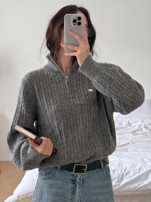 DAZY 女款麻花編織長袖半拉鍊休閒毛衣 - 灰色 - 查看 1