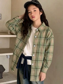 Dazy Kids Tween女孩 寬鬆格紋襯衫，全新秋季風格，長袖休閒外套上衣 - 綠色 - 查看 4