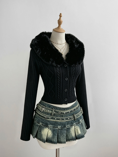 Sweetra Black Slimming Waist V-Neck Large Fur Collar Fashion Modern Urban Commute Sexy Long Sleeve Knit Cardigan For Women