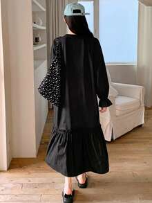 DAZY Women's Solid Color Round Neck Long Sleeve Ruffle Hem Casual Loose Fit Dress - Black - View 2