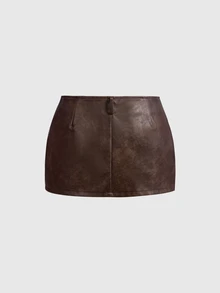 ROMWE Autumn/Winter Hippie Hot Girl Ultra Low Waist Fitted Patchwork PU Rivet Decor Women's Mini Skirt - Brown - View 2