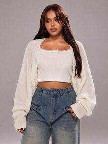 SHEIN CURVE+ Plus Size Women's Versatile Long Sleeve Cardigan Shawl Sweater, Suitable For Autumn/Winter - White - View 6