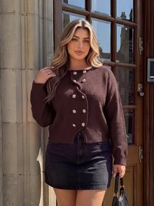 Vionelle Plus Size Luxury Asymmetrical Placket Metal Button Cardigan Sweater For Commuting And Dating - Coffee Brown - View 3