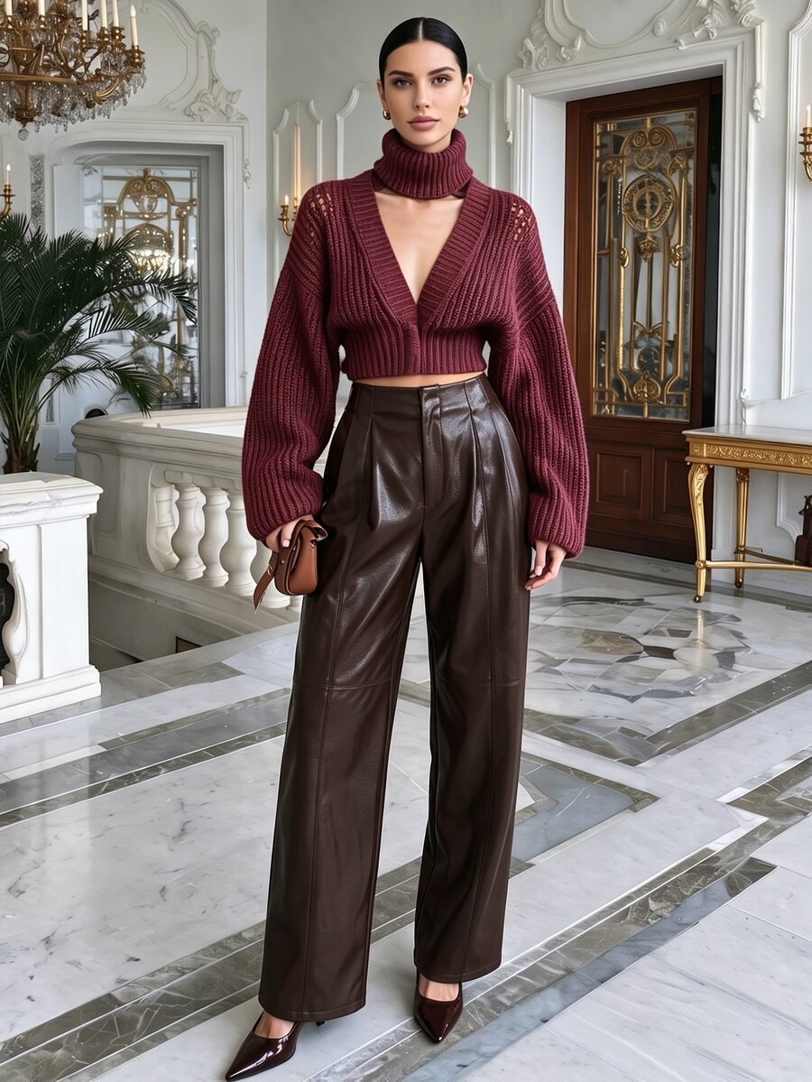 Anewsta Essential Celana Panjang Warna Kopi Musim Gugur, Celana Panjang Wanita PU Modern Modis untuk Perjalanan Santai dan Waktu Luang - Coffee Brown - View 1