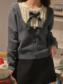DAZY Contrast Color Patchwork Pearl Bowknot Casual Daily Korean Style Girl Autumn/Winter Knit Cardigan For Women - Grey - View 2