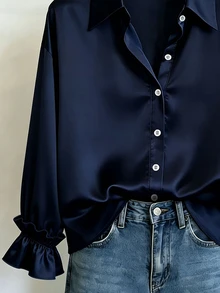 SHEIN Franclia ملابس علوية نسائي أزرق داكن بياقة وأكمام طويلة، جديد لفصلي الربيع والخريف، بتصميم بسيط أحادي الصدر، لون موحد، مع أساور مكشكشة، فضفاض وممشوق، متعدد الاستخدامات وسهل التنسيق - أزرق بحري - مشاهدة 4