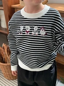 DAZY Infant (Boy) Round Neck Striped Korean Style Long Sleeve Sweater - Black and White - View 5
