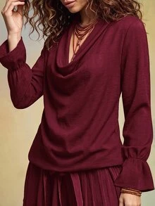 LUMIGAL Spring/Autumn New Commute & Vacation Solid Color Women's Cowl Neck Flare Sleeve Top - Burgundy - View 3