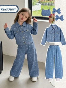 SHEIN 秋冬新款女童幼兒時尚蝴蝶結波點水洗牛仔套裝 2件組 短夾克 + 寬鬆直筒寬腿牛仔褲，適合日常穿著、假期、休閒外出與戶外活動 - 藍色 - 查看 3