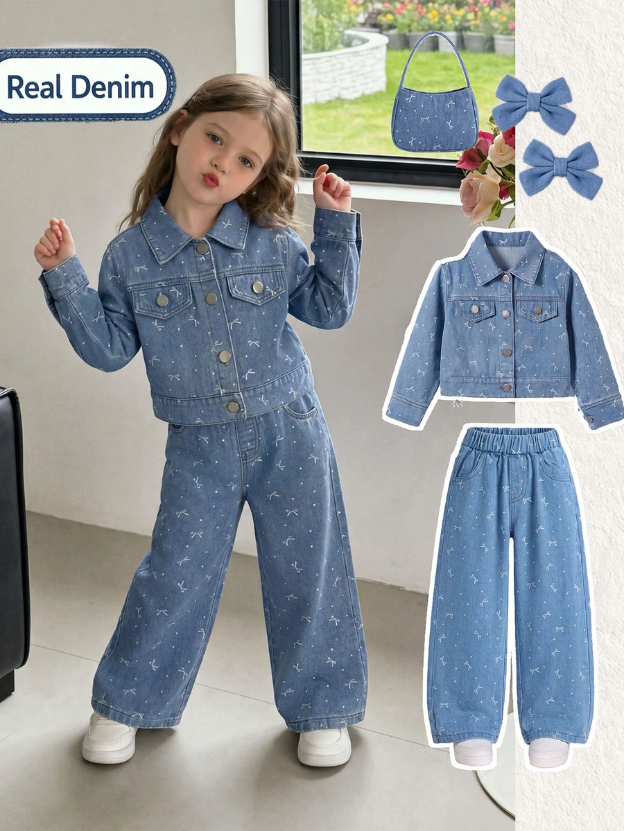 SHEIN Genkimix Kids 秋冬新款女童幼兒時尚蝴蝶結波點水洗牛仔套裝 2件組 短夾克 + 寬鬆直筒寬腿牛仔褲,適合日常穿著、假期、休閒外出與戶外活動 - 藍色 - 查看 1