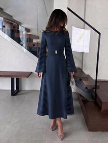 NOVVYNE Spring/Autumn French Style Commuter Elegant Polka Dot Cinched Cinched Waist Ruched Drawstring Flared Sleeve Long Dress For Women - Navy Blue - View 7