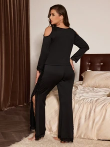 Slumberist Plus Size Lace Trim Patchwork Milk Silk Top + Pants 2 Pieces Set - Black - View 2