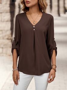 Medorina Women's Solid Color Casual Versatile Daily Wear Shirt - Brown - View 5