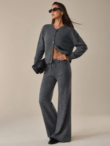 SHEIN طقم ملابس منزلية نسائي من الصوف الناعم – كارديجان بأزرار أمامية & بنطال واسع الساق - رمادي - مشاهدة 4