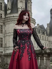 Whyspr Plus Size Sexy Hot Girl Off-Shoulder Lace Flare Dress - Burgundy - View 6