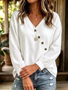 Velvienne Women's Plus Size V-Neck Long Sleeve Asymmetrical Hem Top, Casual Outing Blouse, Autumn/Winter Fall - White - View 6