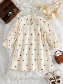 SHEIN Young Girl Young Girl Young Girl Woven Solid Color Cherry Print Ruffle Hem 3D Contrast Color Bow Dress - Apricot - View 2
