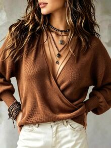 SHEIN 女款純色深V領時尚休閒毛衣 - 橘色 - 查看 4