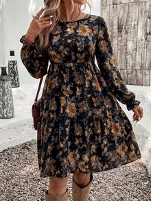 SHEIN VCAY 休閒極簡復古波希米亞花卉印花寬鬆圓領大尺碼洋裝，適合秋冬穿著 - 彩色 - 查看 1