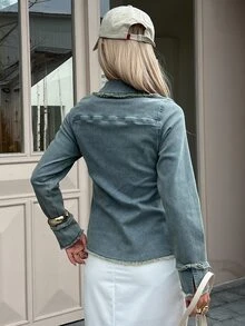 Livesso Women's Light Blue Washed Distressed Collar Zipper Pocket Raw Hem Cinched Waist Slim Fit Long Sleeve Denim Jacket - Blue - View 2