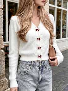 Cévolie Women's Bow-Knot Button Casual Versatile Daily Wear Cardigan - White - View 5