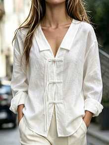 EMERY ROSE Casual Vacation Solid Color Daily Wear Turn-Down Collar V-Neck Frog Button Decor Elegant Minimalist Elegant Long Sleeve Shirt - Beige - View 1