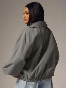 Denimoi High Neck Jacket Half Zip Oversized Flap Pockets Fall Fashion Streetwear Lightweight Jacket - Dark Grey - View 6