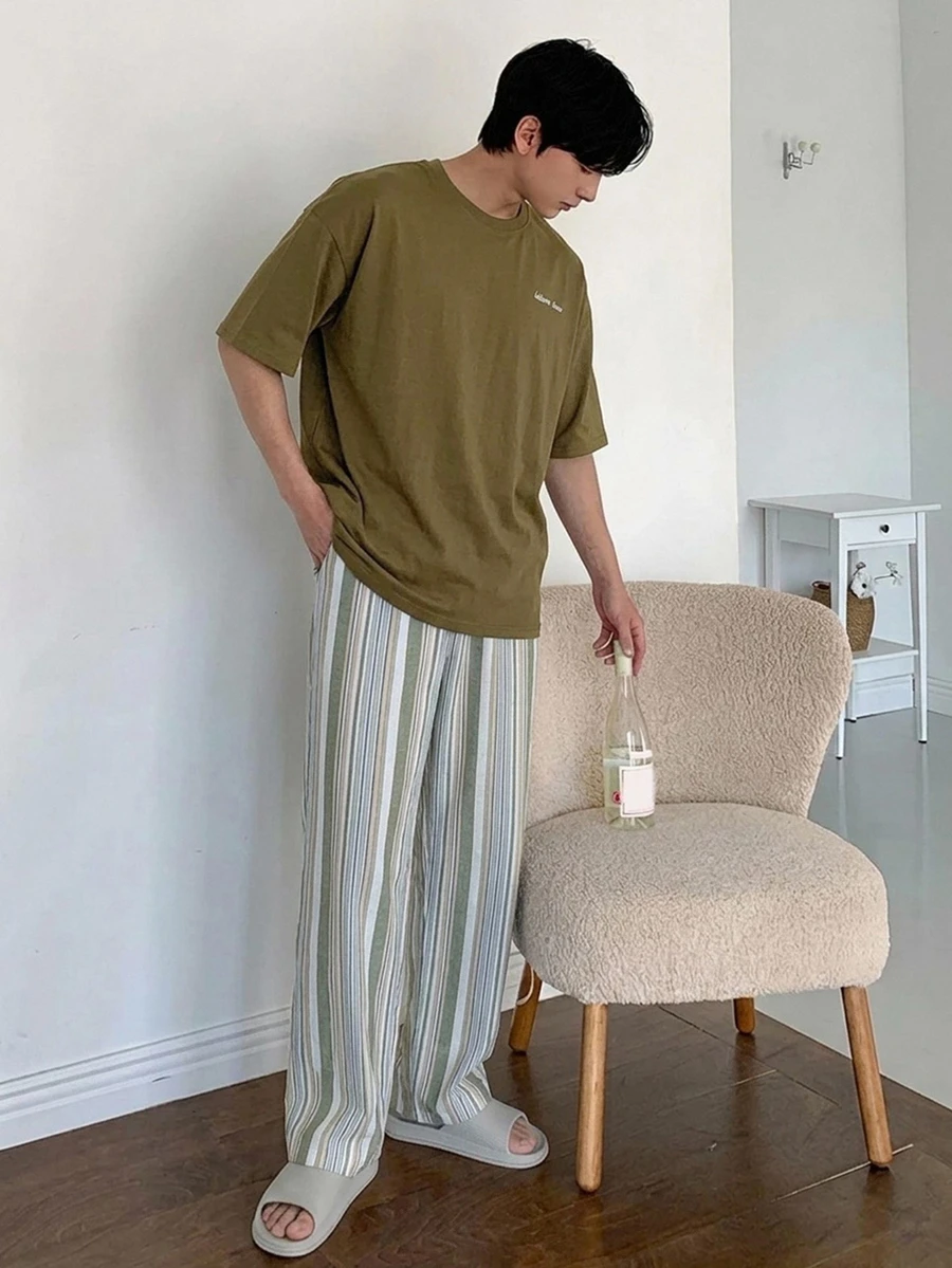 DAZY Summer Letter Print T-Shirt & Plaid Pants Men's Loungewear Set - Army Green - View 1