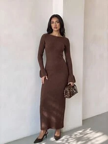 Glamine Women's Solid Color Elegant Ribbed Knit Dress With Flared Sleeves And Back Slit - Coffee Brown - View 4