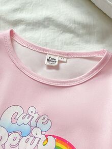SHEIN X Care Bears GraphicGems 秋冬女童幼兒 2 件套聯名款可愛卡通愛心彩虹熊印花柔軟舒適阻燃牛奶絲面料休閒寬鬆長袖居家服褲裝 - 粉色 - 查看 3