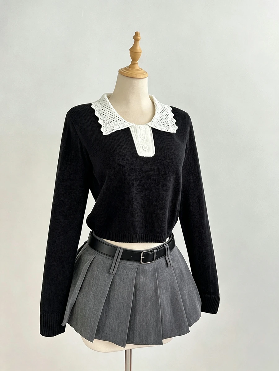 Sweetra Ruffled Collar Half-Button Short Long Sleeve Sweater - Black and White - View 1