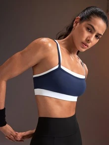 Powerista Women's Blue + White Colorblock Sports Bra With Double Shoulder Straps - Blue - View 4