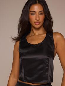 MUSERA ESSENTIALS Black Satin Plunge Racerback Crop Top Autumn Winter Night Out Day To Eve - Black - View 5