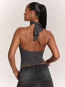 SHEIN BAE 95% Cotton Women's Casual Sexy Backless Tank Top - Dark Grey - View 2