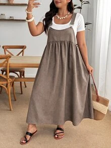 Enliva Plus Size Autumn Plaid Sleeveless High Waist Pinafore Midi Dress Apple - Brown - View 5