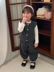 DAZY Infant/Toddler (Girl) Round Neck Polka Dot Casual Layered Korean Style Vibe Jacket Set - Grey - View 6