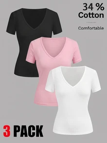 SHEIN EZwear 3件組女款素色V領短袖休閒T恤 - 彩色 - 查看 2