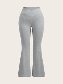 SHEIN EZwear Plus Size 2pcs Leopard Print Grey High Waist Crossover Fitted Casual Flare Leg Pants Set, Suitable For Autumn/Winter - Multicolor - View 8