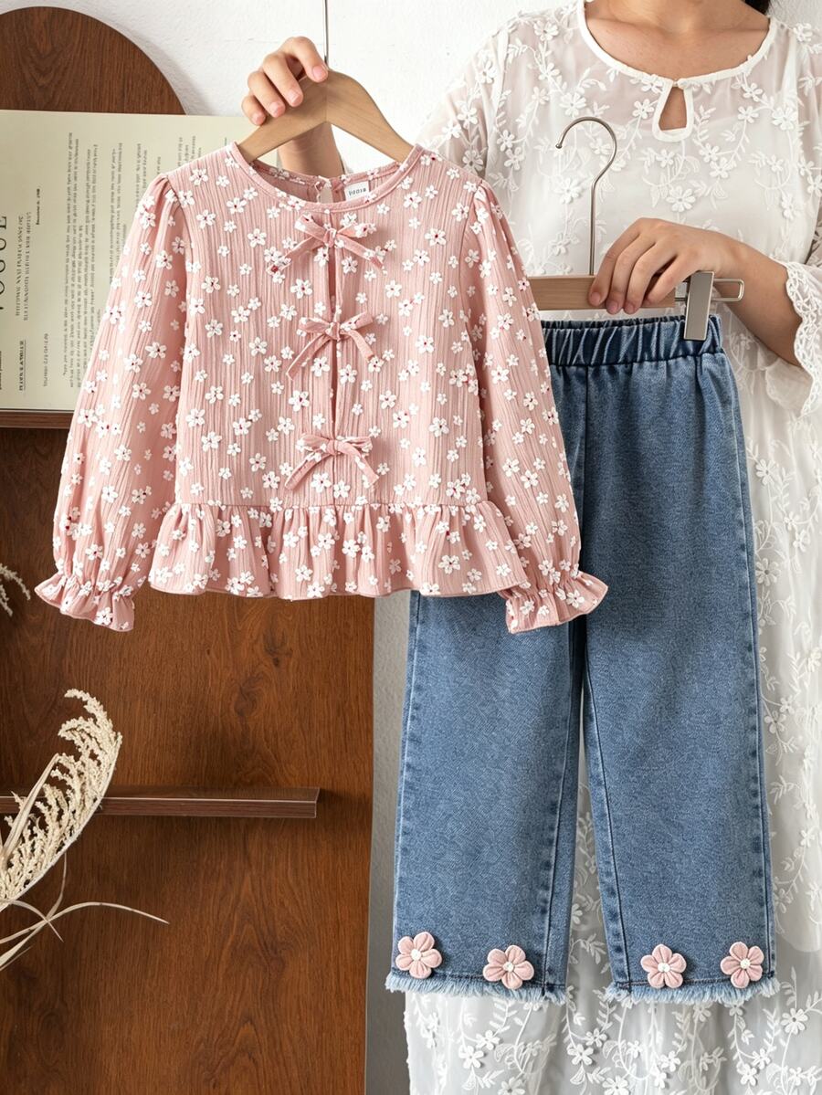 甜美鄉村風秋季女童兩件套:粉色提花長袖上衣配蝴蝶結與3D花朵裝飾牛仔褲,適合日常穿著、購物與外出 - 粉色 - 查看 1