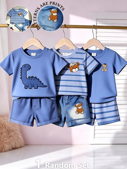 Conjunto de 2 piezas de camiseta y pantalones cortos de imitación de denim a rayas para niños pequeños, con estampado gráfico de oso de dibujos animados lindo, cintura elástica, conjunto de chándal de verano