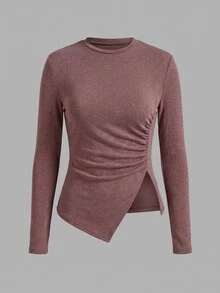 SHEIN BASICS 3-Pack Women's Solid Crew-Neck Long-Sleeve Ruched Side-Slit Casual T-Shirt - Multicolor - View 8
