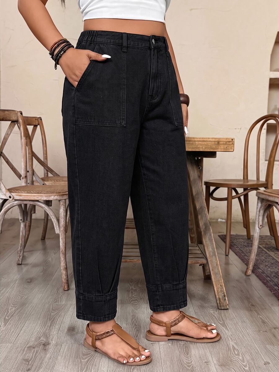 Breezaya CURVE Plus Size Pure Black Distressed Denim Carrot Pants With Semi-Elastic Waist, Rolled Hem, Multiple Pockets, Flattering Fit, Versatile Casual Pants - Black - View 1