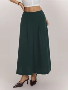 SHEIN PETITE Women's Solid Color Pleated Design Elegant Commuter Skirt - Green - View 3