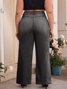 SHEIN PETITE CURVE 大尺碼時尚鈕扣寬鬆牛仔褲街頭休閒風 - 黑色 - 查看 2