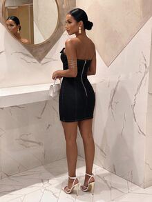 Slaydiva فستان جينز نسائي ضيق بدون أكمام بصف واحد من الأزرار بتصميم عصري - الأزرق - مشاهدة 2