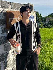DAZY 男士時尚休閒毛衣，對比色條紋領口 - 黑色 - 查看 5