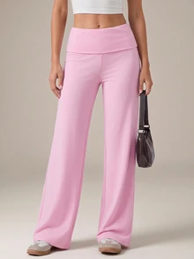 SHEIN Tall 黑色高腰寬腿寬鬆休閒長褲 - 粉色 - 查看 8